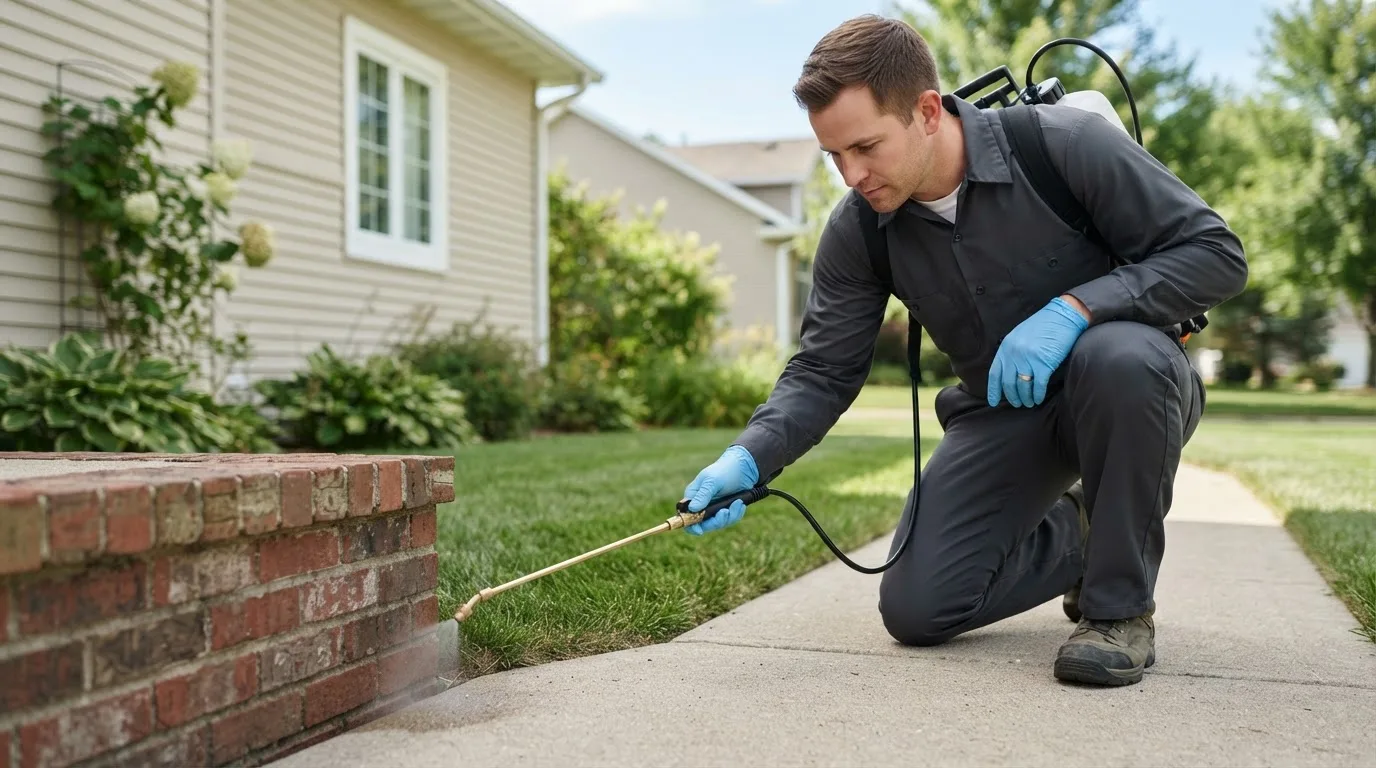 Pest control technician treating a home near Stafford Springs, CT